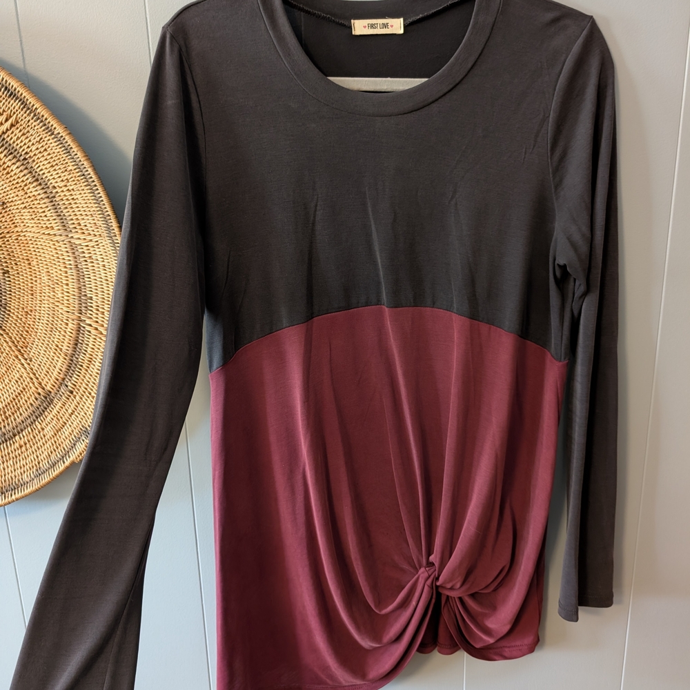 First Love Black and Burgundy Knot Detail Blouse